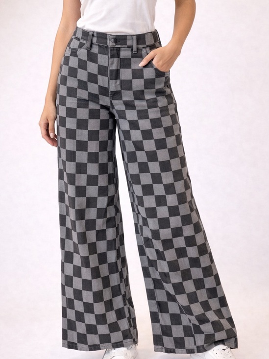 Keep It Gypsy Denim - Black & Gray Checkerboard Wide Leg Jeans